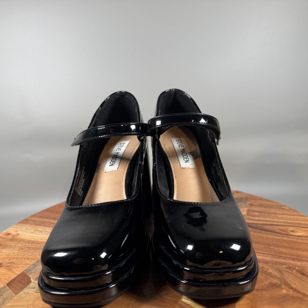 Steve Madden NYLO Platform Mary Jane Heels Black Patent Chunky Block Heel Sz 6 - Picture 2 of 8